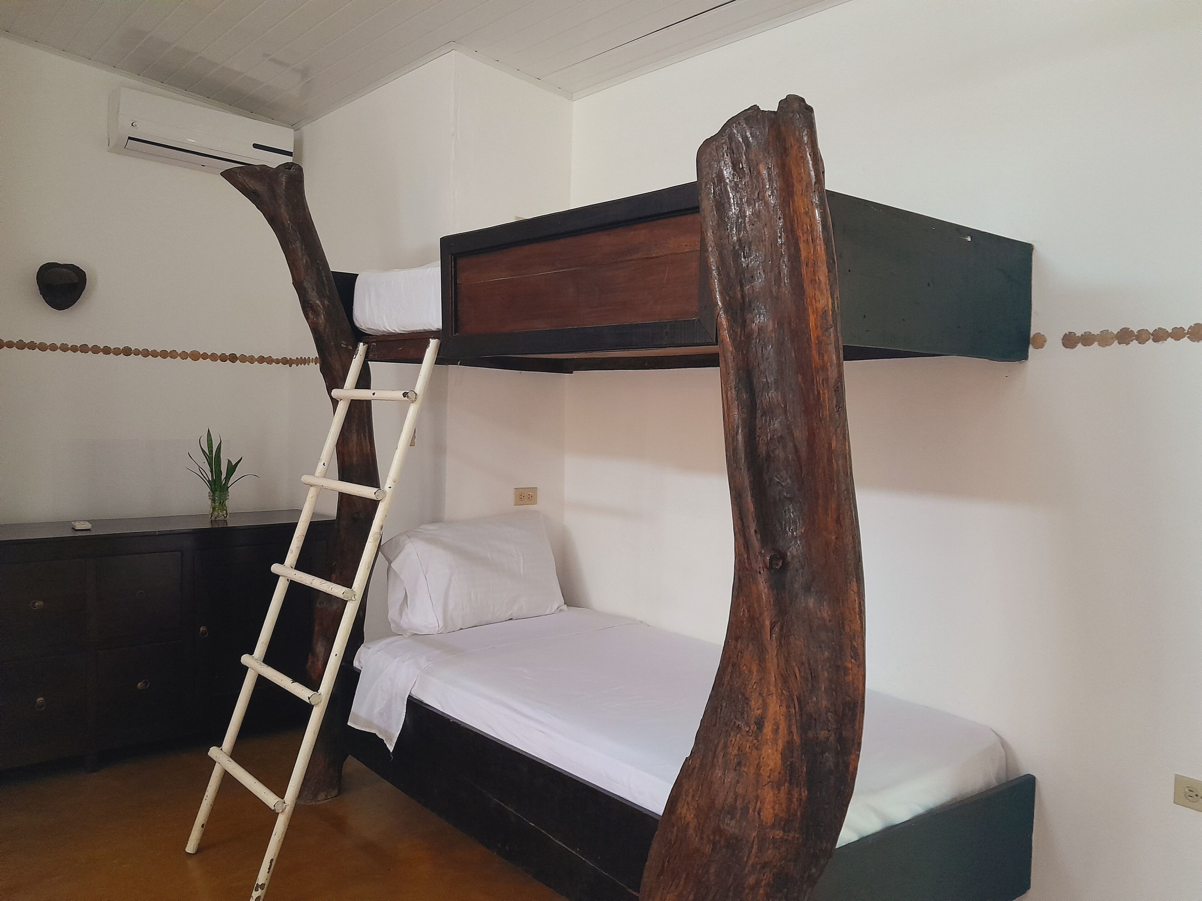 A bunk bed with a wooden ladder, a bedside table with a plant, and a white wall with an air conditioning unit.