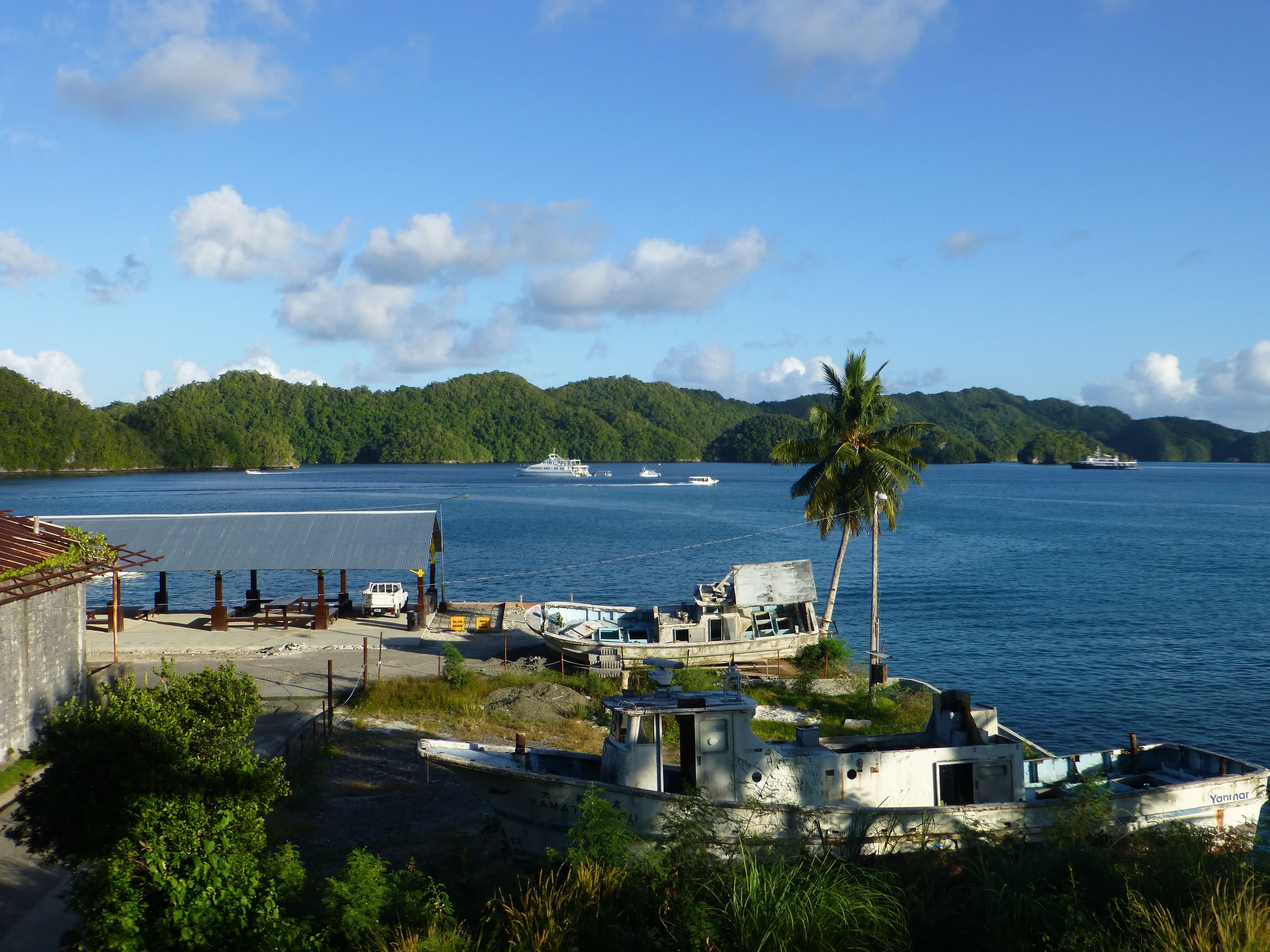 A coastal area with a dock, a small building, and a large body of water with boats.