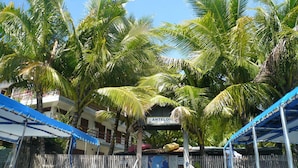 Ubicación frente a la playa con palmeras, un toldo azul y un letrero de 'ANTELONE DIVE SHOP'.