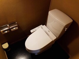 Separate tub and shower, free toiletries, hair dryer, slippers
