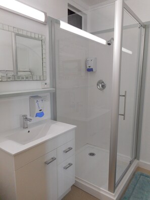 Queen Room, Sea View  | Bathroom | Shower, free toiletries, hair dryer, towels - Te Aputa Lodge (Te Puru)