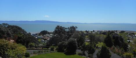 A coastal view with a grassy area, trees, and a distant body of water.