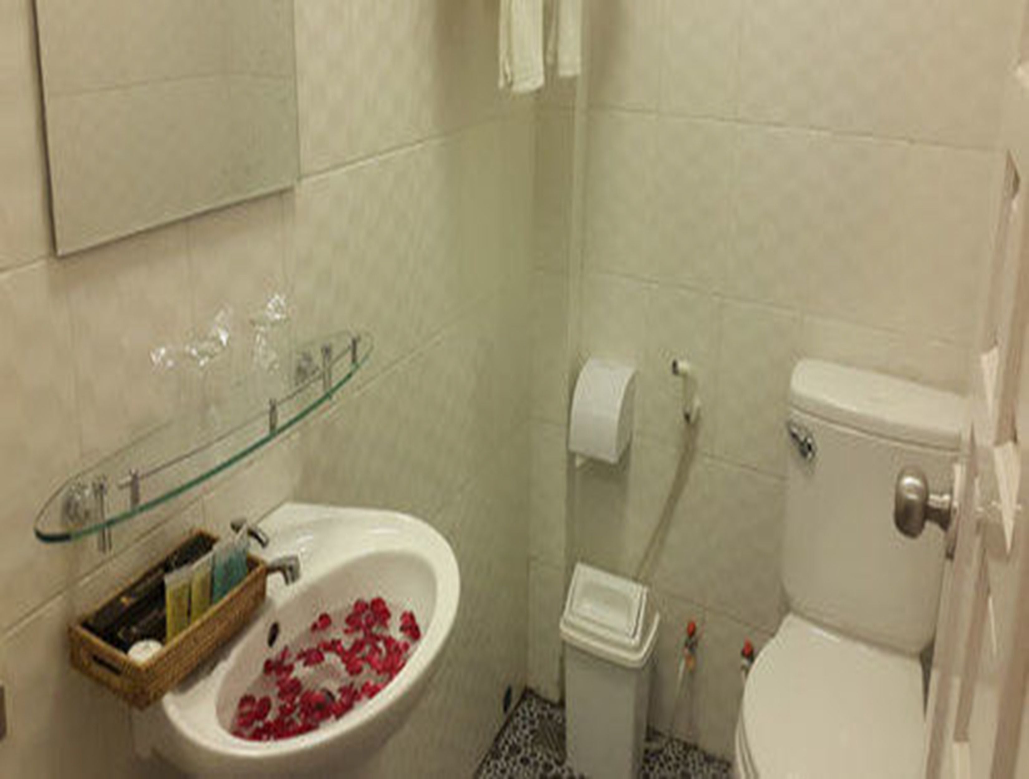 A bathroom with a glass shelf holding toiletries, a sink with rose petals, a toilet, and a trash bin.