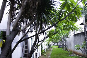 A narrow pathway flanked by trees and a white building with a metal fence. - N2 Hotel Gunung Sahari (Jakarta)