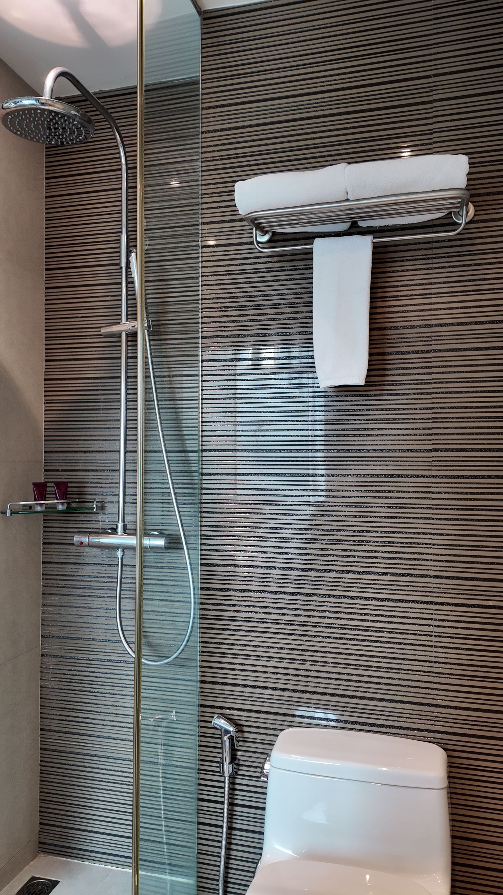 deluxe room | bathroom | shower, free toiletries, hair dryer, towels