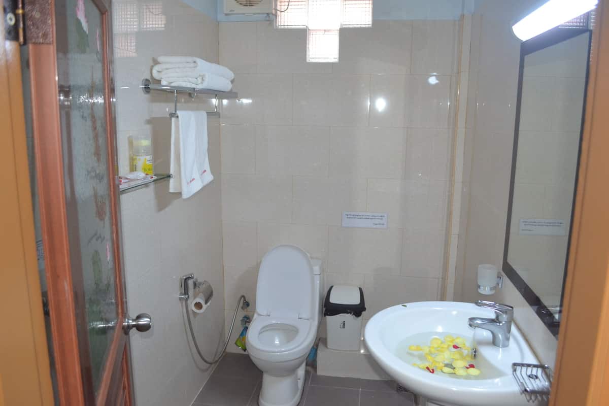 standard double room | bathroom | shower, free toiletries, hair dryer, bathrobes