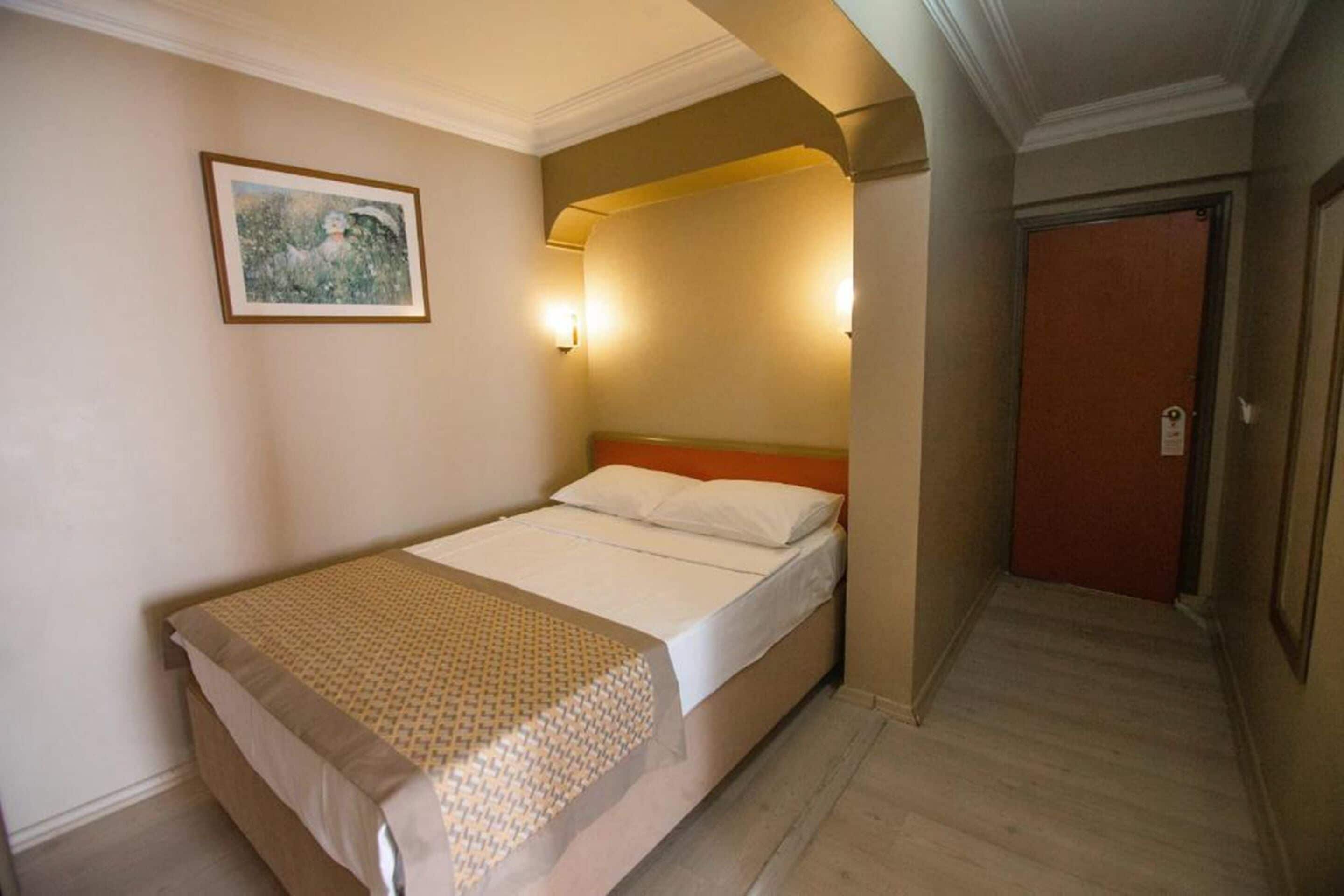 Une chambre d’hôtel avec un lit, un tableau au mur et une porte.