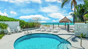 A swimming pool with lounge chairs and a thatched-roof structure, surrounded by a fence and palm trees.