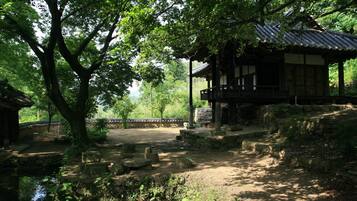 A traditional Japanese building with a wooden structure and a stone pathway leading to a small pond.