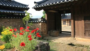 A traditional building with a tiled roof and wooden walls, a stone pathway, and a garden with red and yellow flowers. - Yi Jin-rae's Historic House (Boseong)
