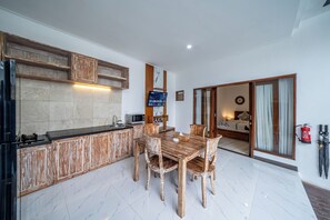 Villa, 1 Bedroom, Private Pool | Private kitchen | Fridge, electric kettle, toaster, cookware/dishes/utensils