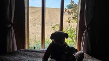 A room with a large window, a bed, and a teddy bear on the bed.