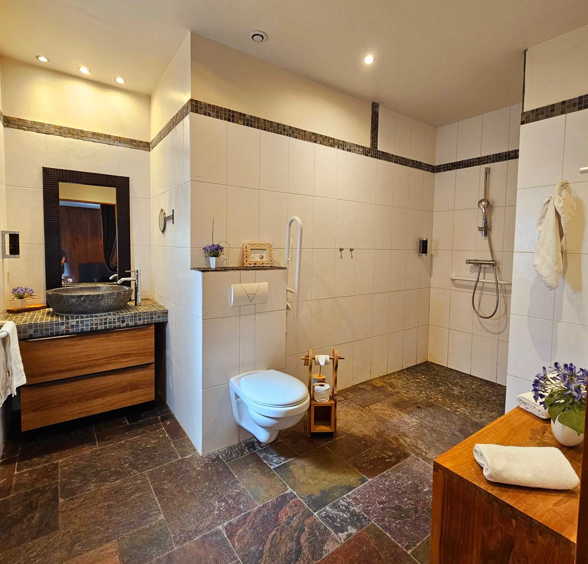 Un baño moderno con un espejo grande, un lavamanos con lavabo de piedra, inodoro y zona de ducha.