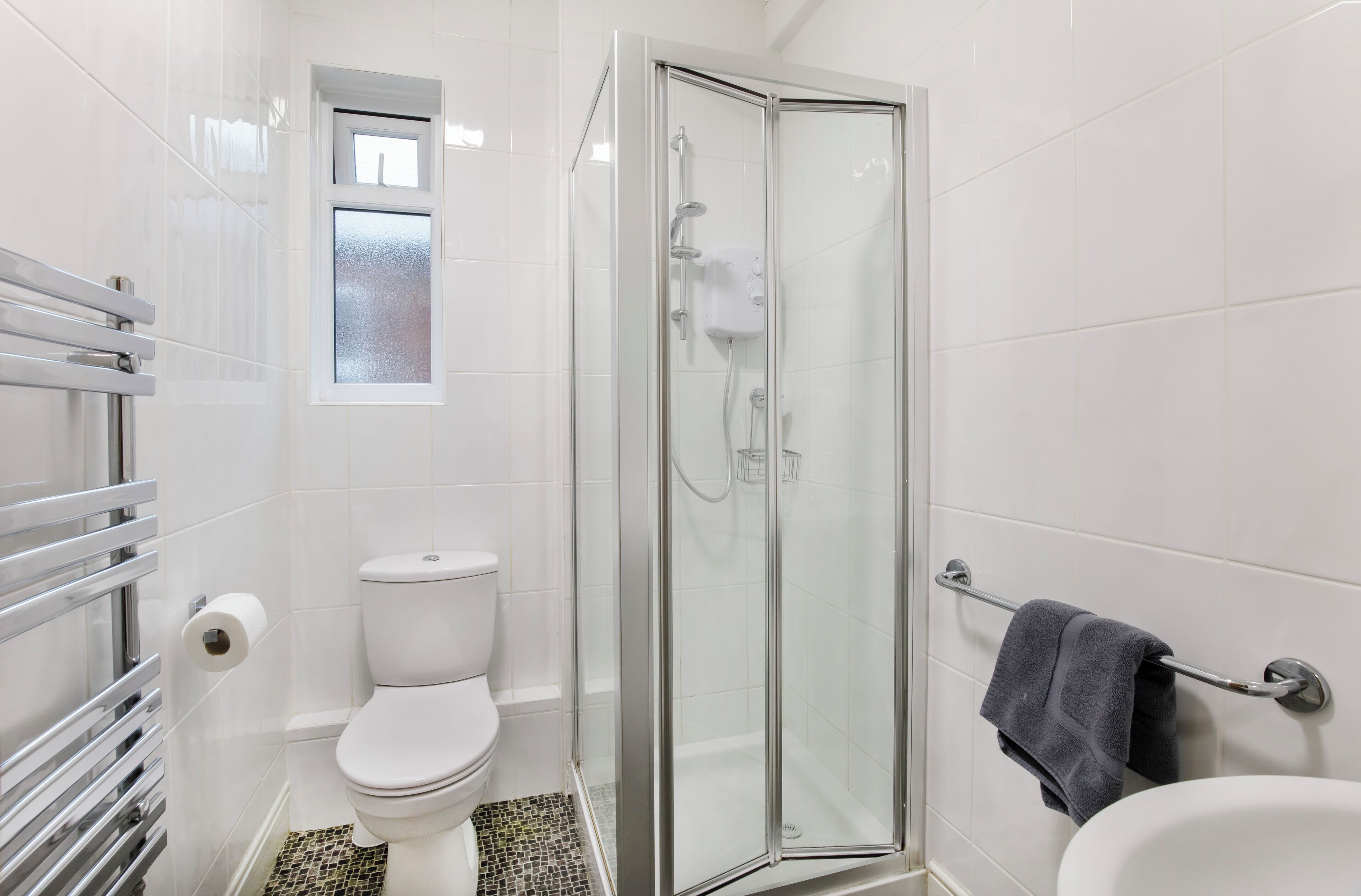 A bathroom with a glass-enclosed shower, a toilet, and a towel rack.