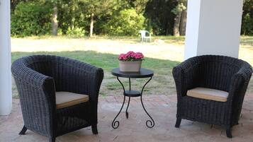 Dos sillones de mimbre con cojines, una mesita con una planta en maceta y una silla blanca en un espacio exterior cubierto con césped.