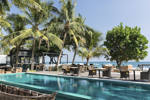 Piscine extérieure, chaises longues
