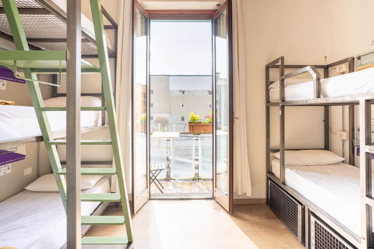 A dormitory room with bunk beds, a ladder, a small table with a plant, and a view through a glass door.