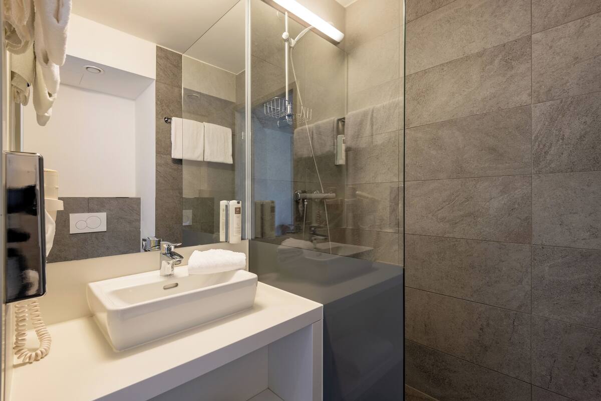 shower, free toiletries, hair dryer, towels