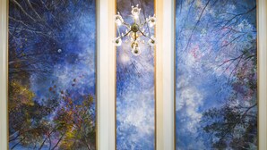 A room with three large windows featuring a painted sky and tree scene, a chandelier, and a ceiling with a patterned design. - The Hollinger House (Lancaster)