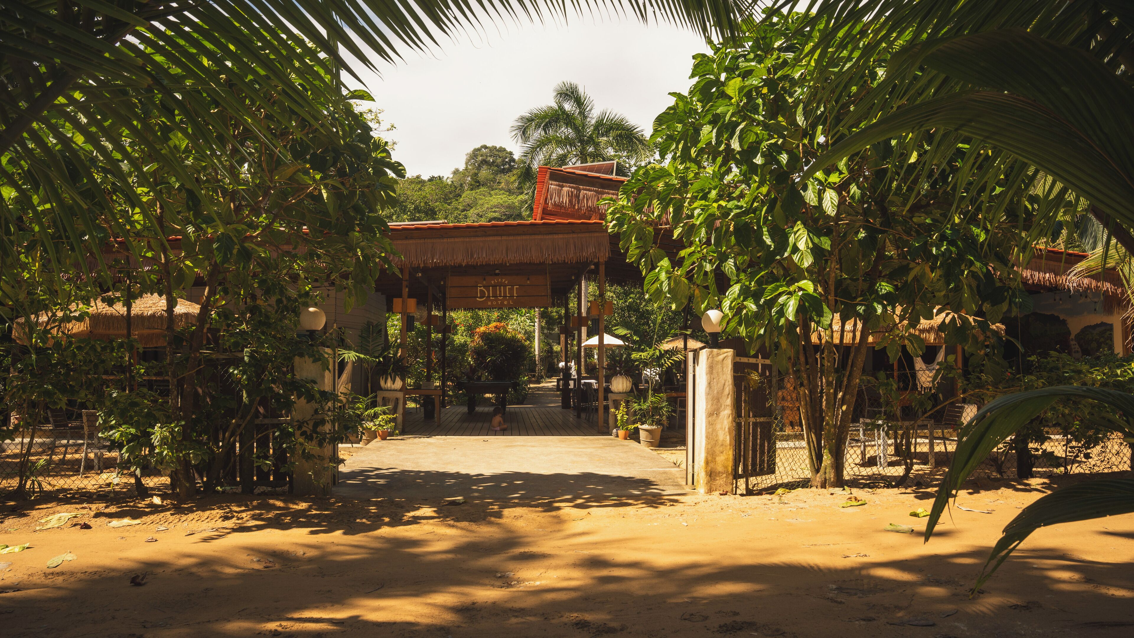 A tropical resort entrance with a thatched roof structure, surrounded by lush greenery and palm trees.
