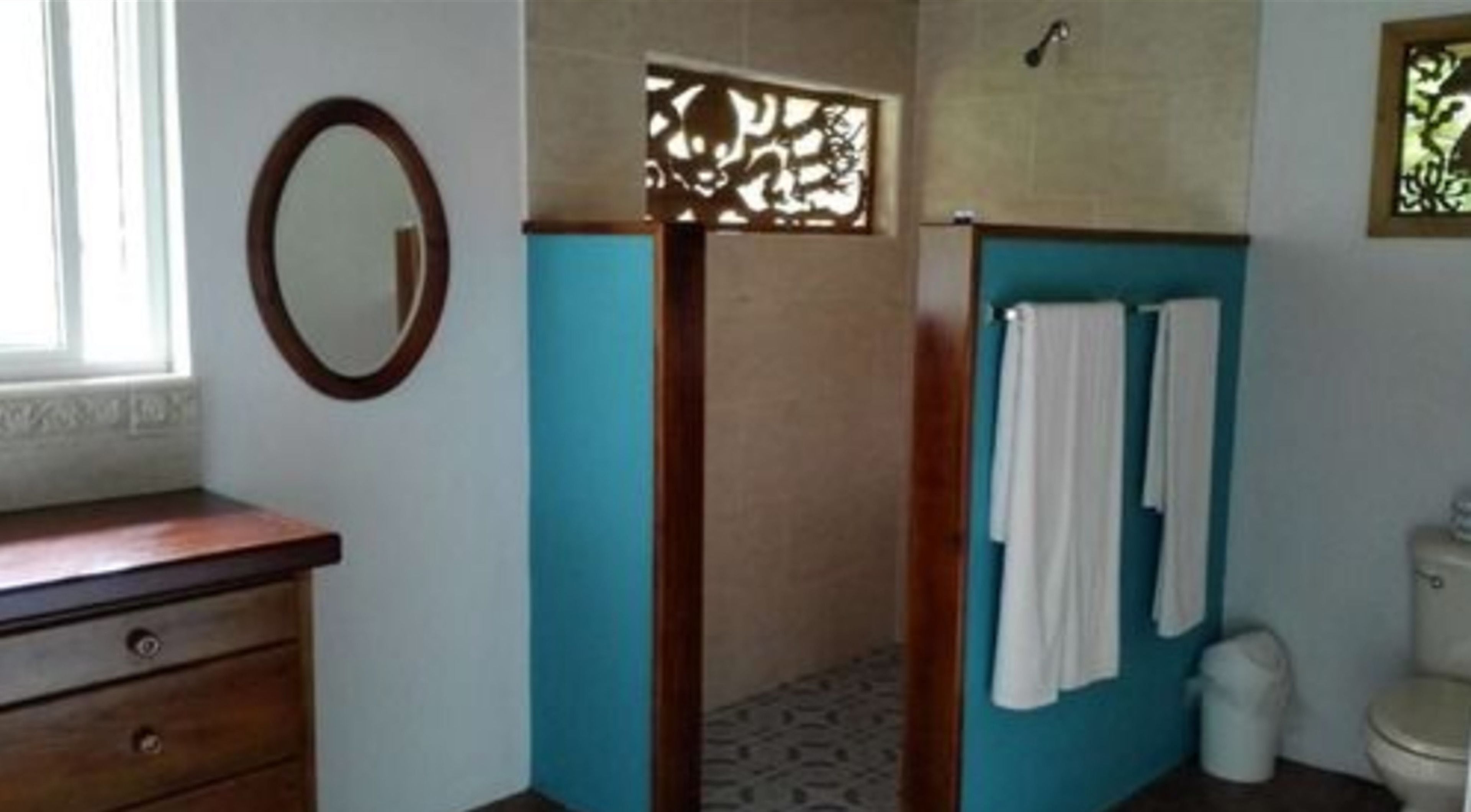 A bathroom with a wooden vanity, a shower area, and a toilet.