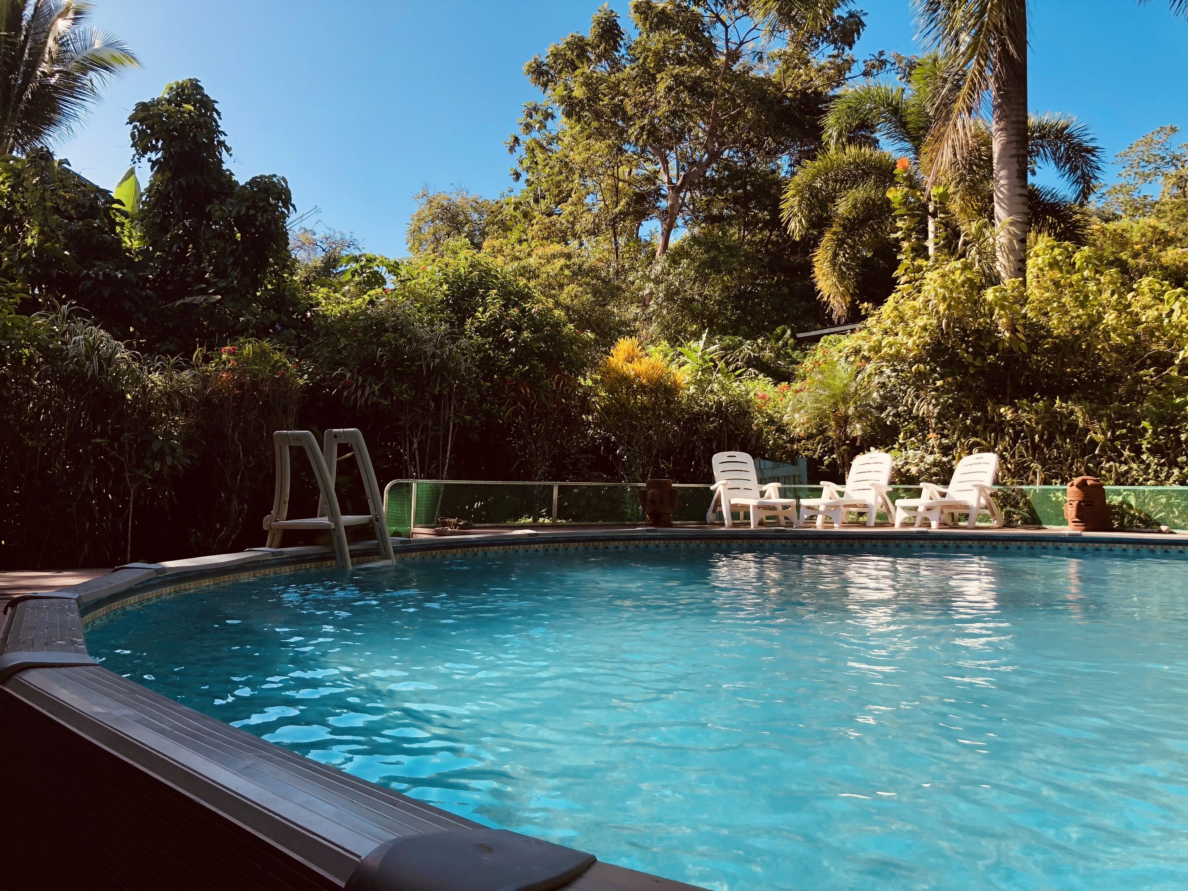 Una piscina al aire libre, sillones reclinables de piscina