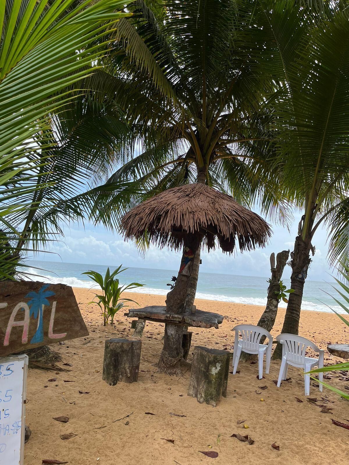 A beach scene with a thatched-roof structure, white plastic chairs, and a sign with the word "FAIL" painted on it.