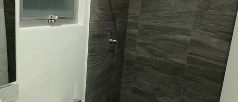 A modern bathroom with a toilet, a shower, and a marble sink.