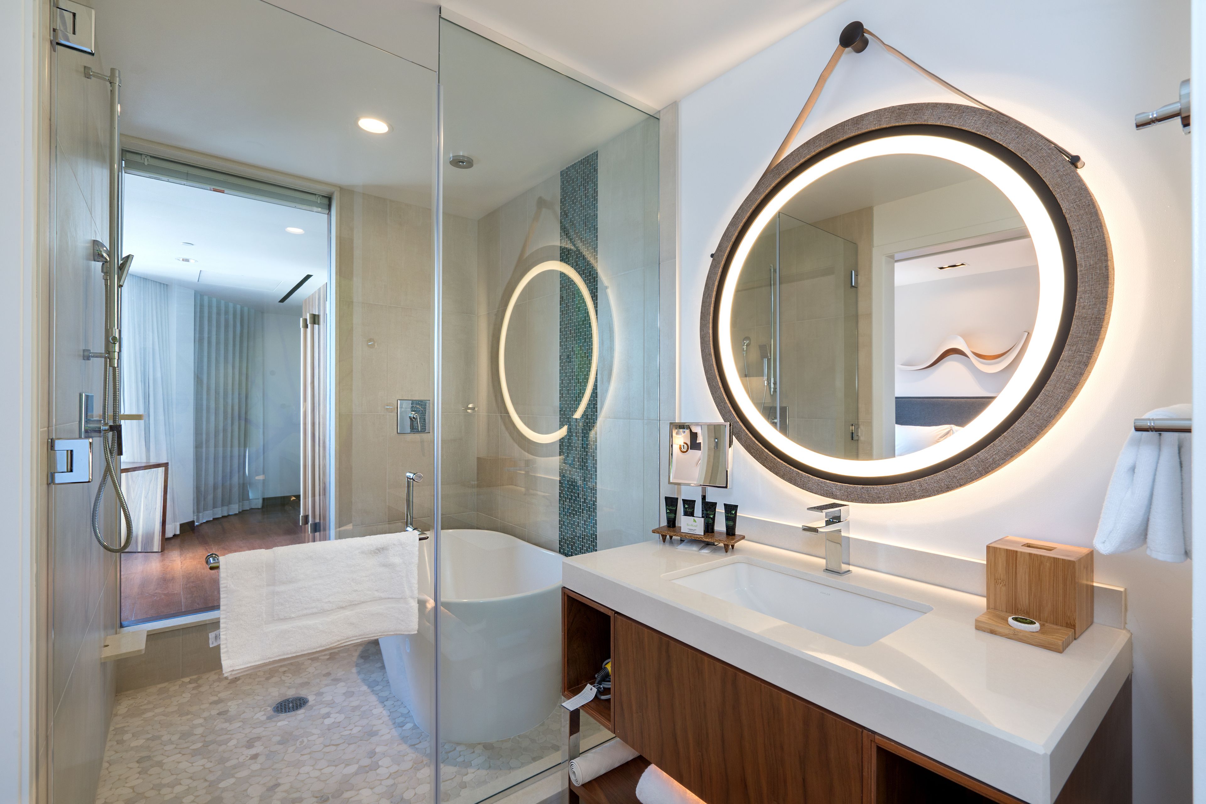 deluxe room, 1 king bed, ocean view | bathroom | designer toiletries, hair dryer, towels, soap