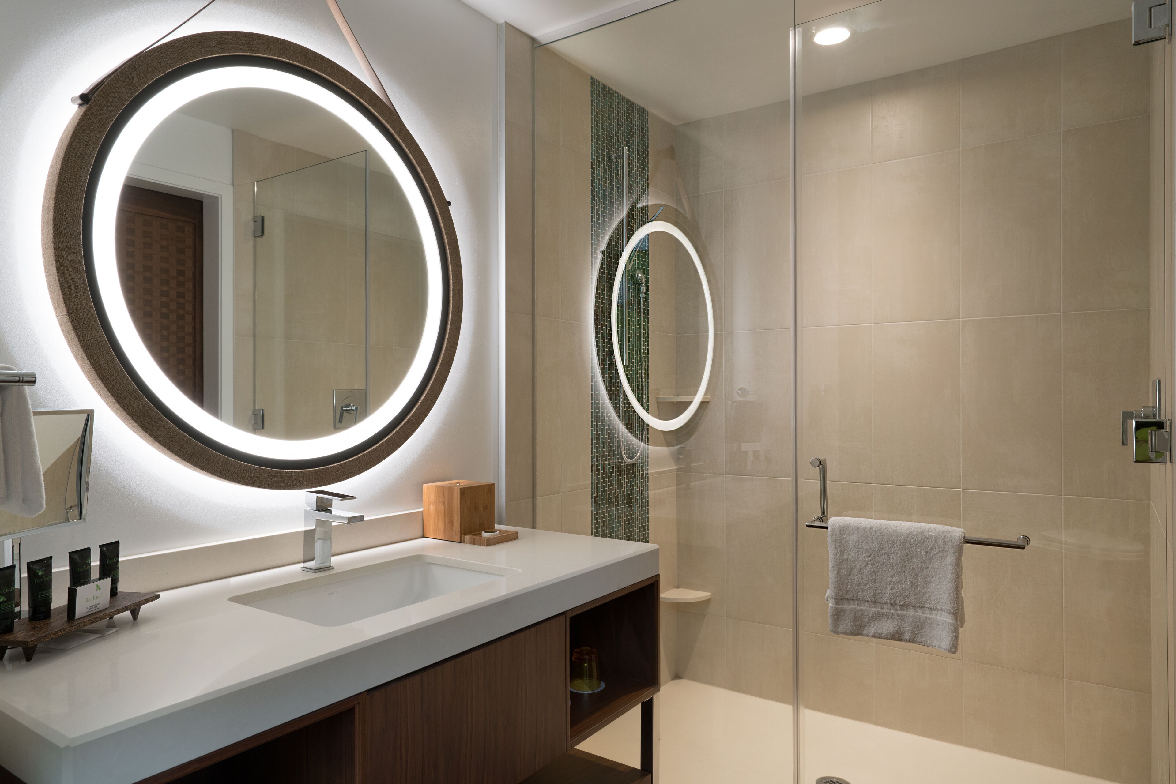 Designer toiletries, hair dryer, towels, soap