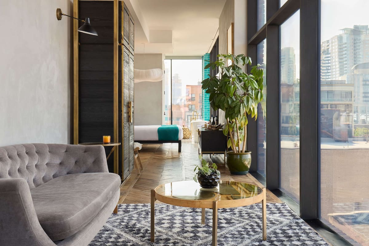 Un salon moderne avec un canapé gris, une table basse ronde et une grande plante en pot.
