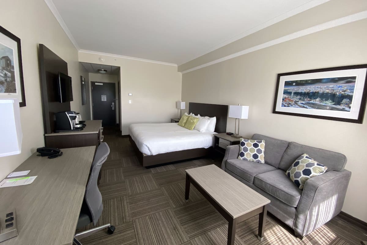 Una habitación de hotel con cama, sofá, escritorio y televisión.