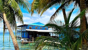 A blue house with a balcony over water, surrounded by palm trees. - Casa Acuario (Bocas del Toro)