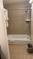 Combined shower/tub, free toiletries, towels
