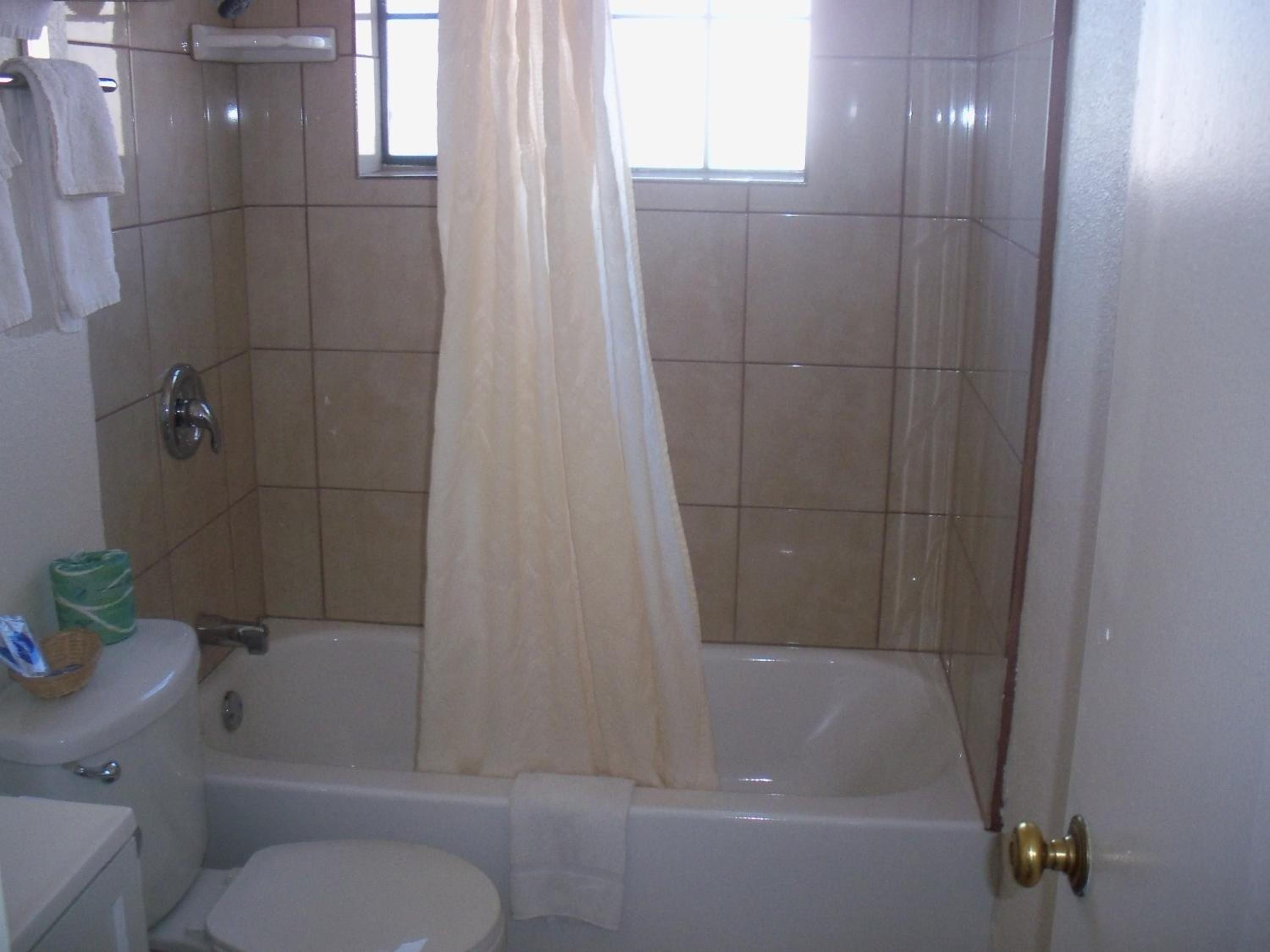 A bathroom with a bathtub, toilet, and a window with a curtain.