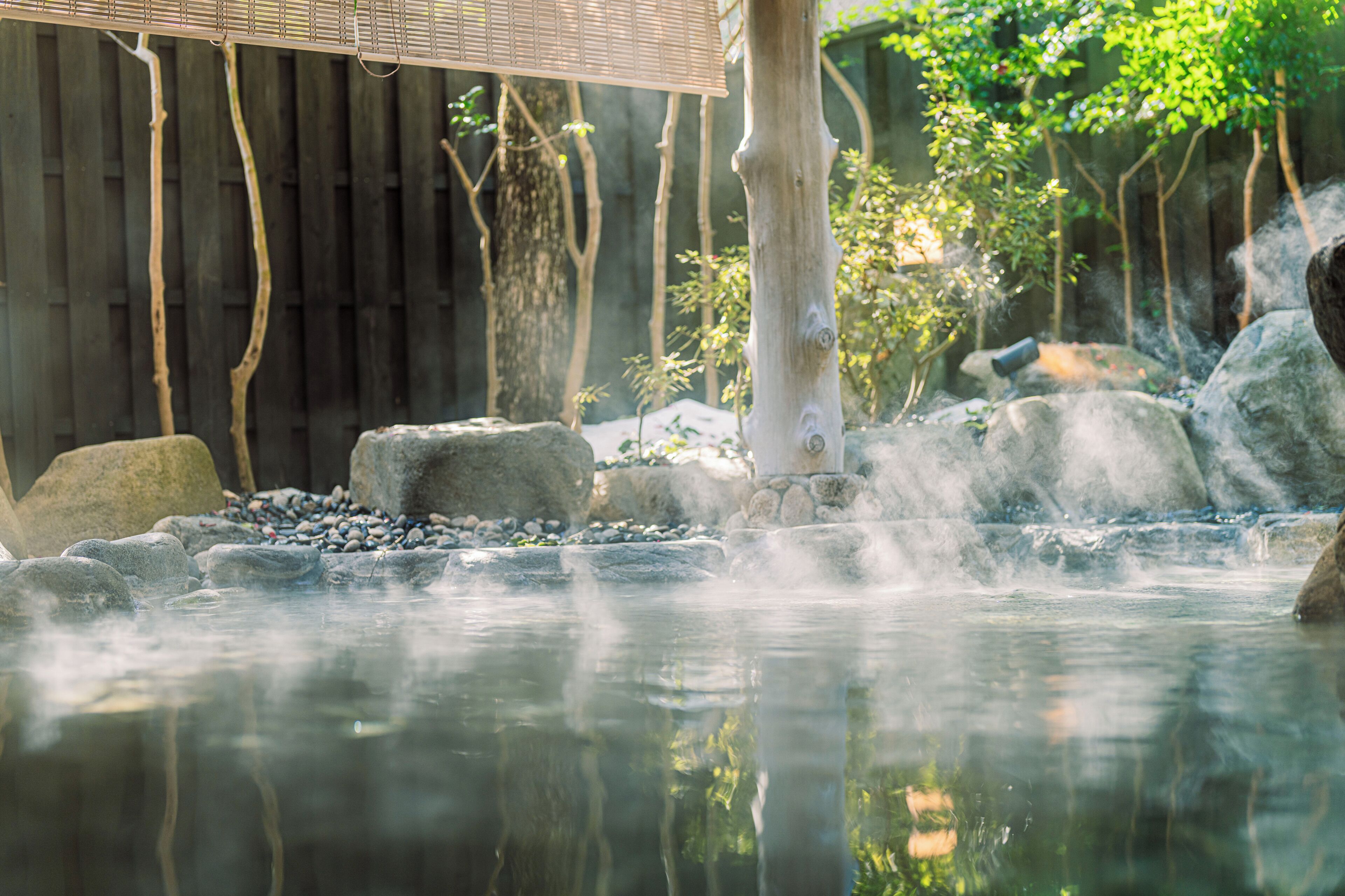 A tranquil outdoor hot spring area with a wooden fence, rocks, and trees.