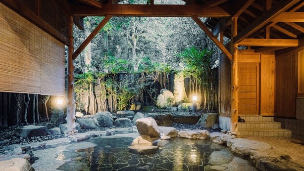 A traditional Japanese-style garden with a stone pond, bamboo, and wooden structures. - Shinzan (Toyooka)