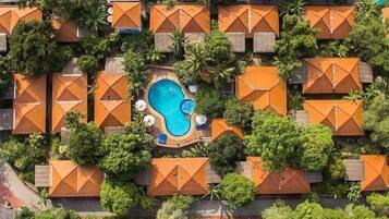 Outdoor pool, pool umbrellas, pool loungers