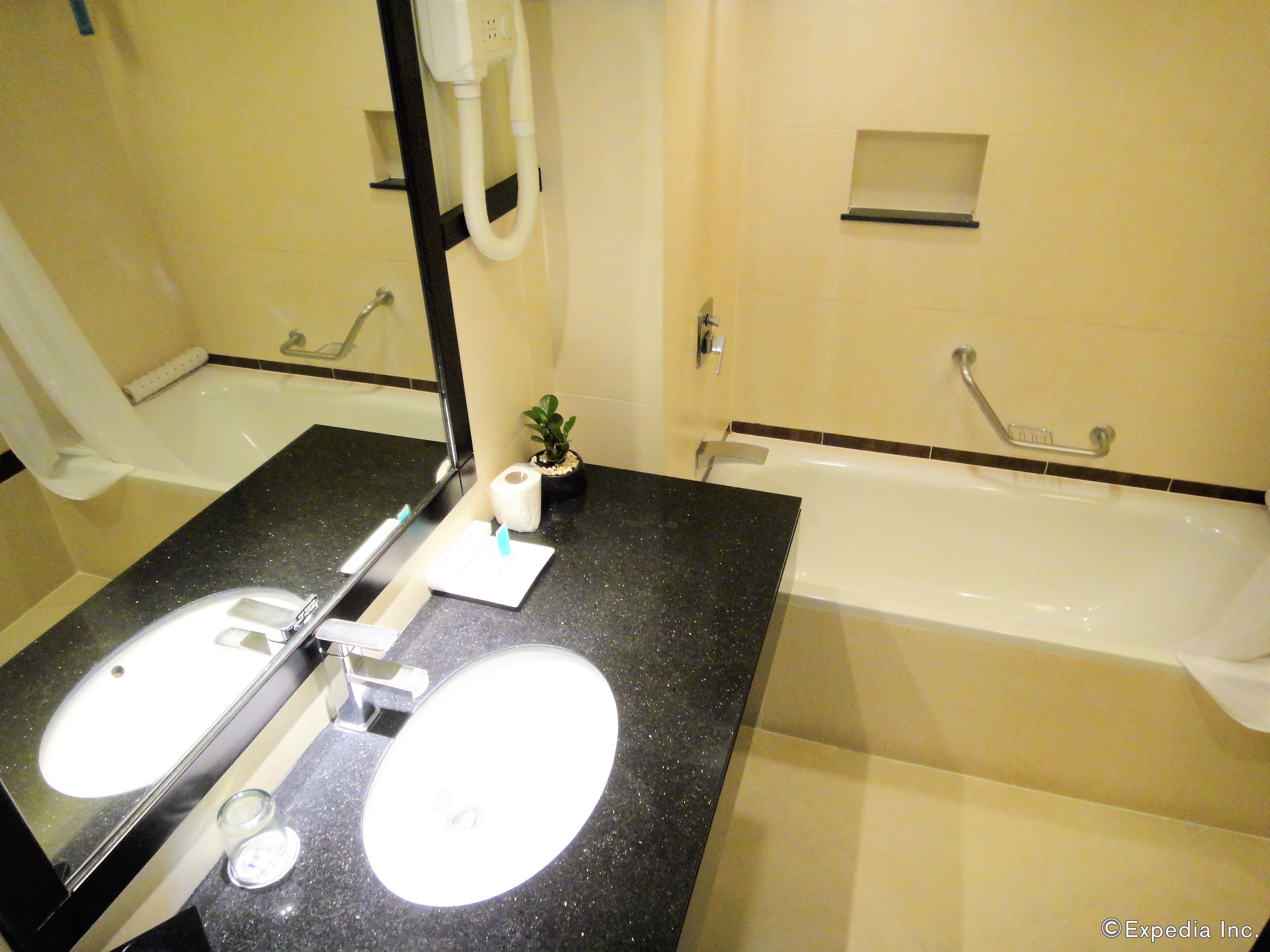 A bathroom with a double sink, a mirror, a towel rack, a small potted plant, and a bathtub.