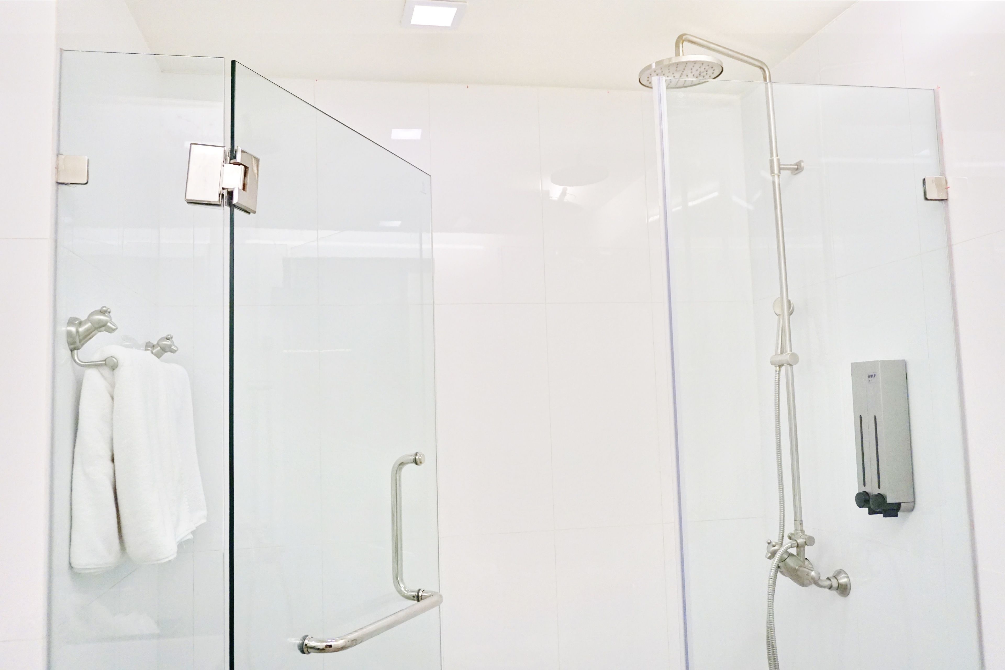 A glass-enclosed shower area with a handheld showerhead and a wall-mounted control panel.