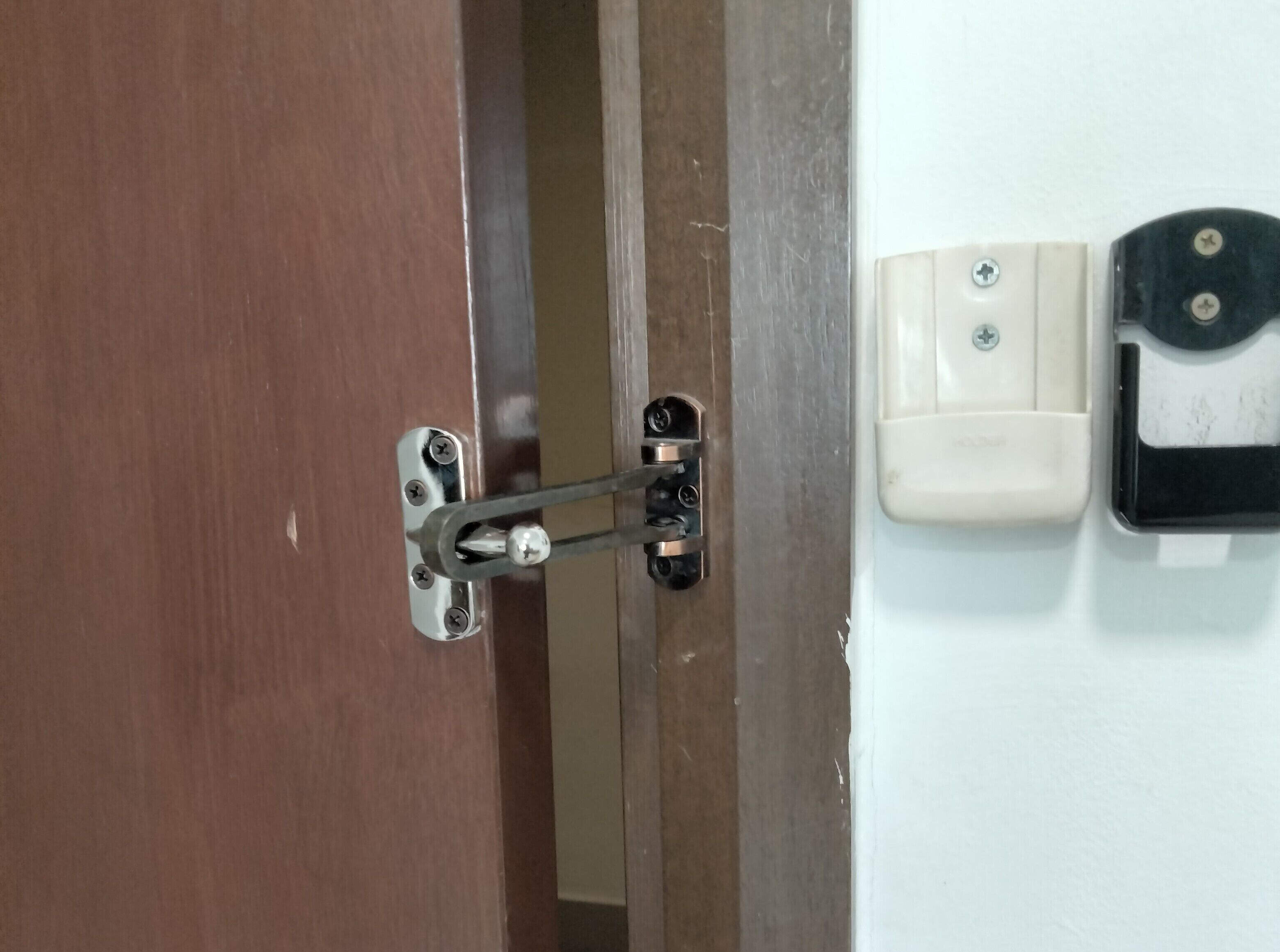 A door with a metal latch and a wall-mounted switch.