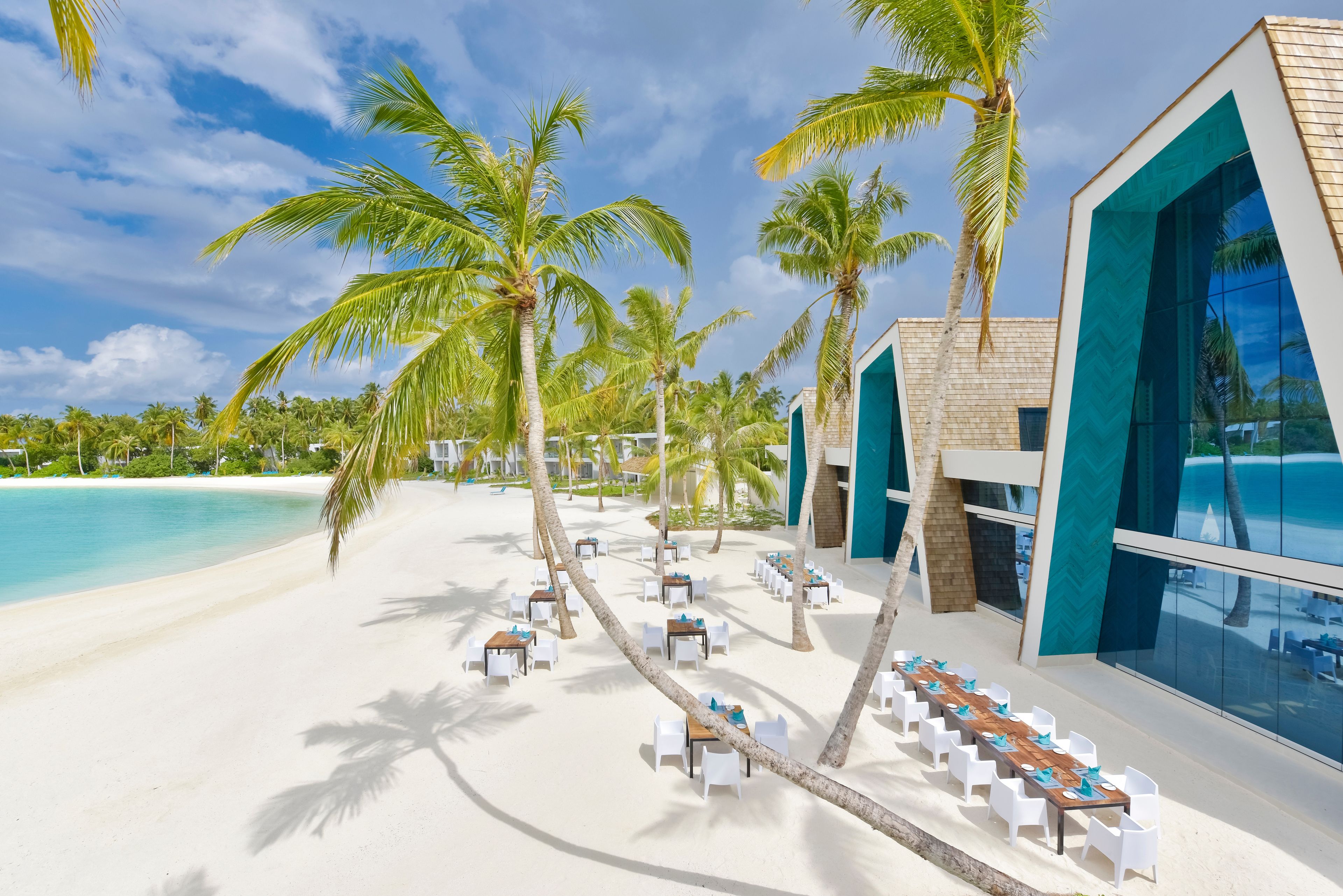A beachside resort with palm trees, white lounge chairs, and a poolside dining area.