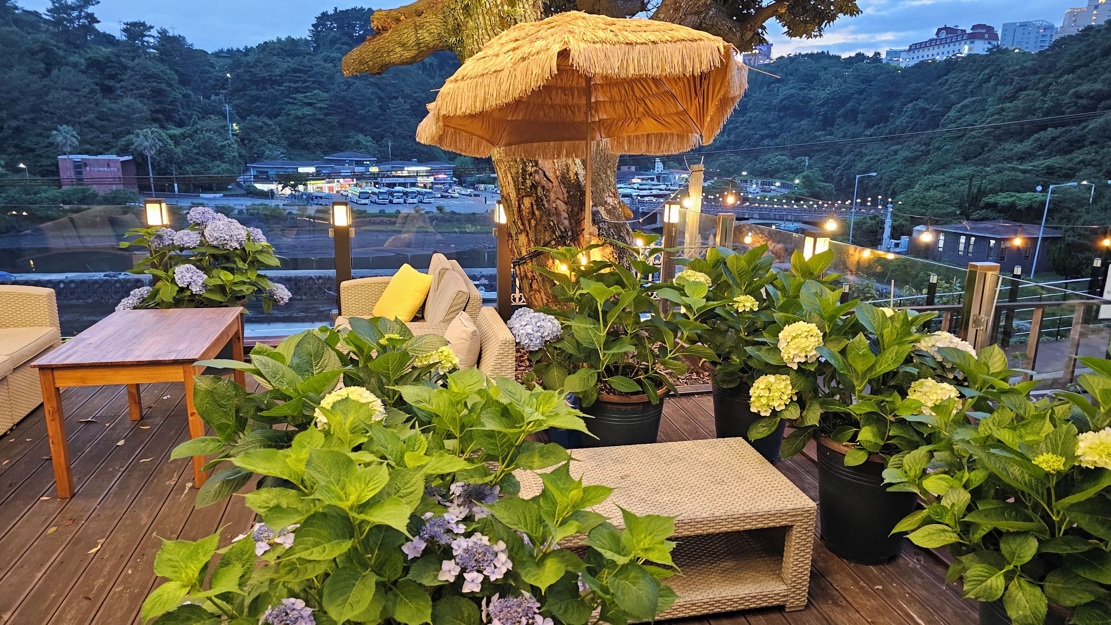 A deck with outdoor seating, potted plants, and a thatched umbrella.