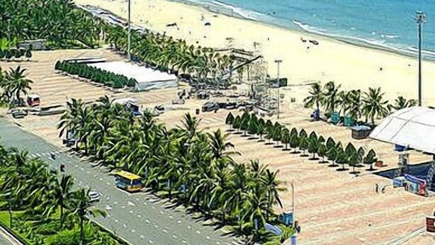 Una playa con una carretera bordeada de palmeras, cielo despejado y una montaña al fondo.