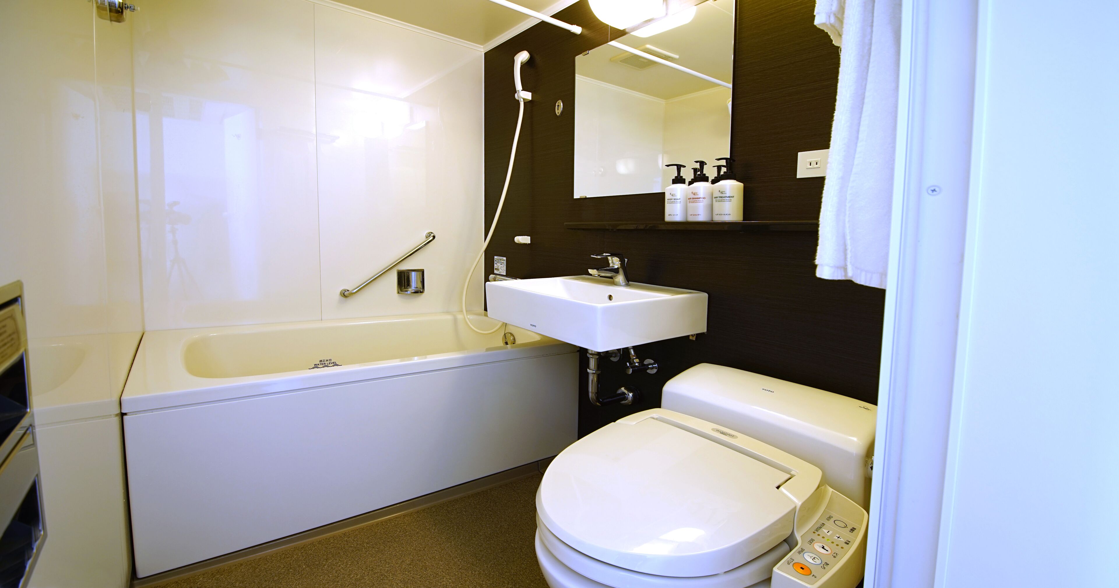 combined shower/bathtub, free toiletries, hair dryer, slippers