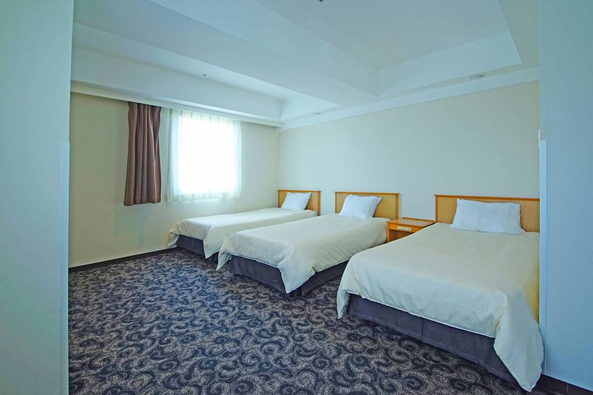 A hotel room with two single beds, a large window with curtains, a patterned carpet, and a simple, clean design.