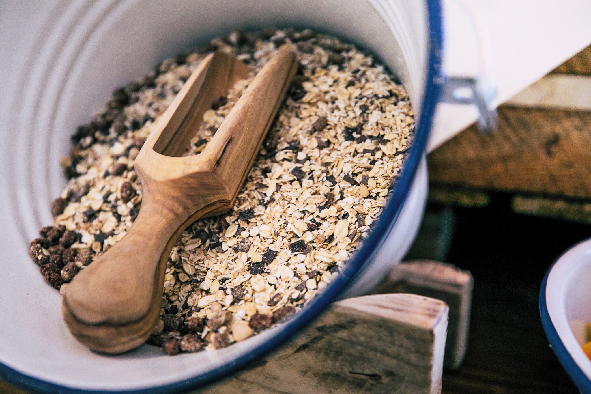 A wooden scoop resting on a bowl filled with oats.