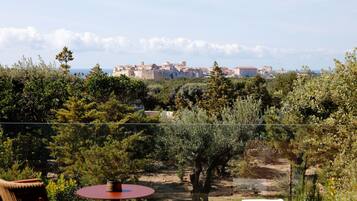 A balcony with a view of a historic cityscape, including a prominent castle-like structure.