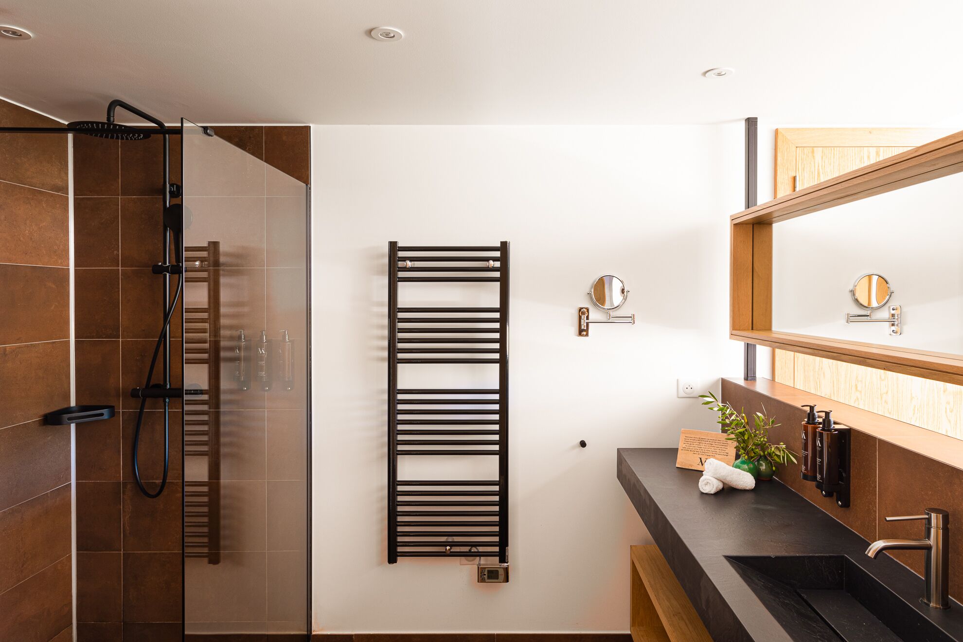 shower, designer toiletries, hair dryer, bathrobes