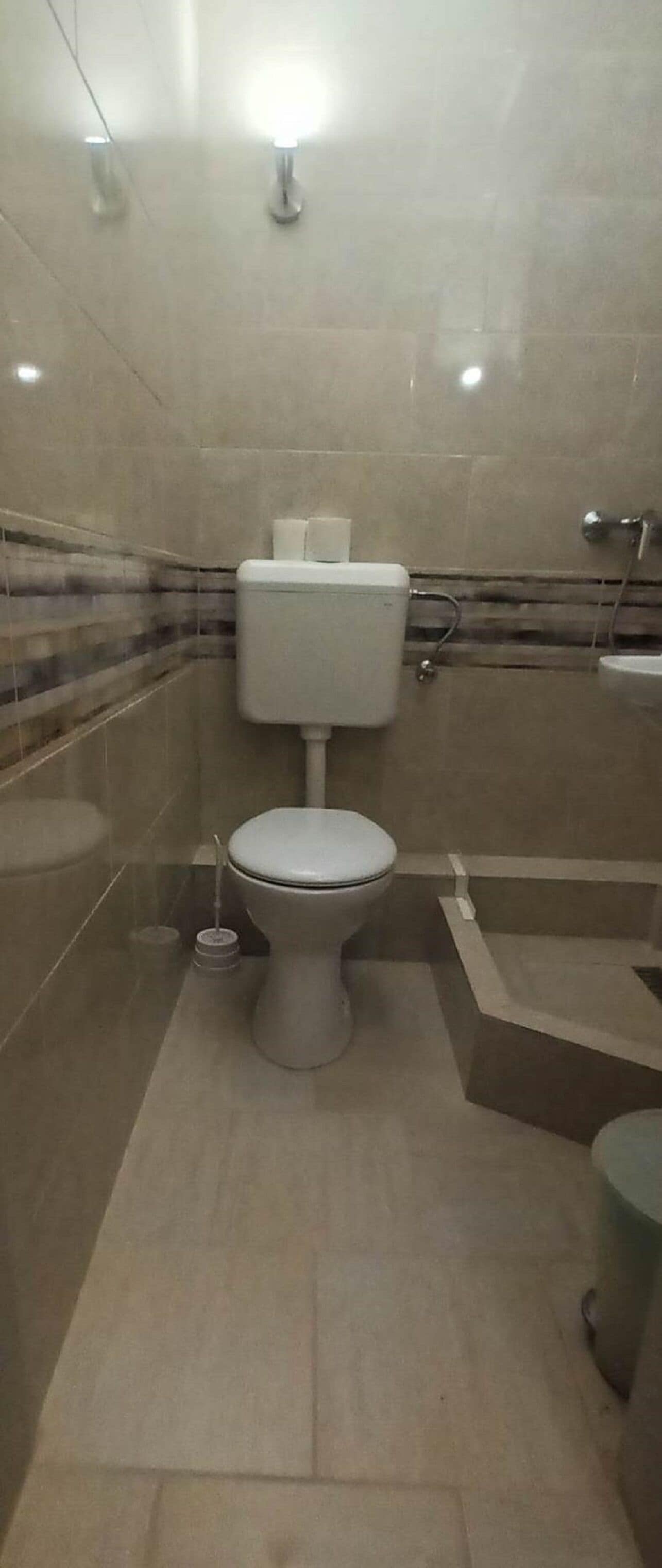 Een kleine, moderne badkamer met toilet, hygiëneschuimer en douche.